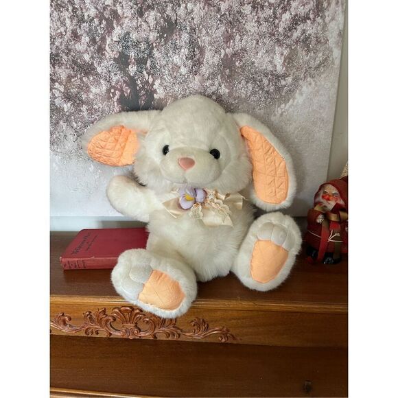 vintage Fairview White Plush Easter Bunny Rabbit Pink Nose Peach Quilted Ears la - Picture 1 of 3